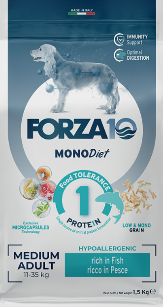 FORZA10 MonoDIET Adult MEDIUM Dog Fish / Rice (Pesce / Riso) гипоаллергенный монопротеиновый корм для взрослых собак Средних пород РЫБА / РИС (1,5 кг)