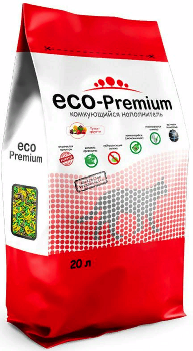 ECO-PREMIUM Clumping Cat Litter TUTTI-FRUTTI комкующийся древесный наполнитель для кошачьего туалета Аромат Фруктов и Ягод ТУТТИ-ФРУТТИ (55л)